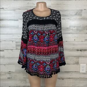 Calessa Boho Blouse Long Sleeve Size Large Fringe Mixed Media